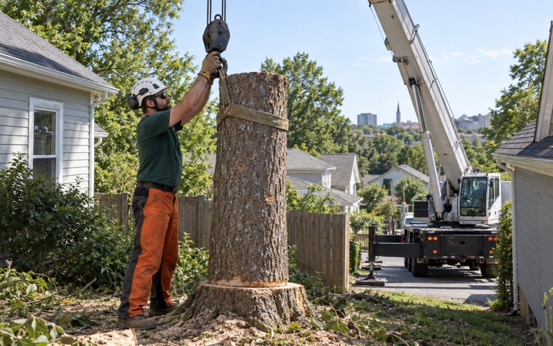 Worker steadying the crane hook block over a choked tulip poplar section on a tight Greenville lot.