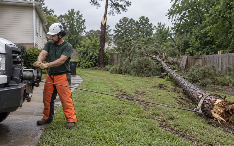 Worker setting the winch drum lever to draw a storm-snapped shortleaf pine stem clear of a Greenville fence line.