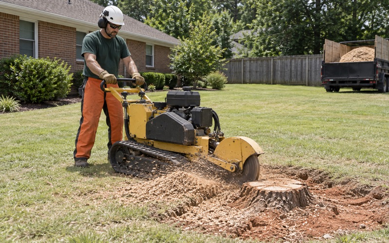 Worker sweeping a stump grinder across the face of a sweetgum stump in a Greenville back yard.