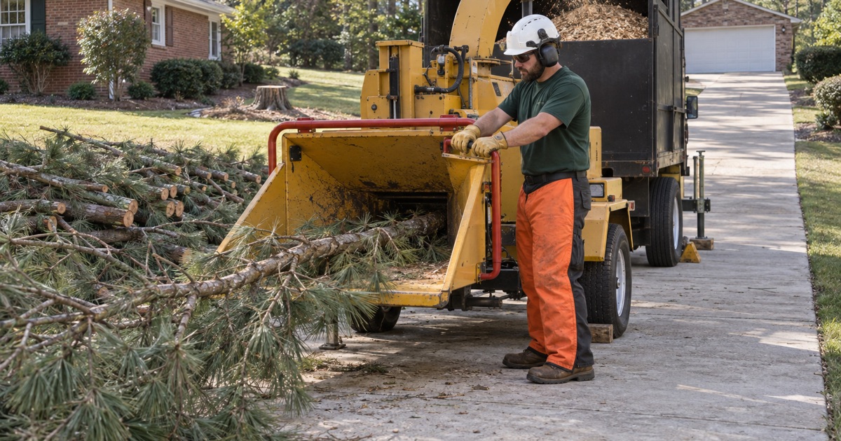 Worker feeding loblolly pine limbs into a chipper from the side of the infeed on a Greenville driveway.