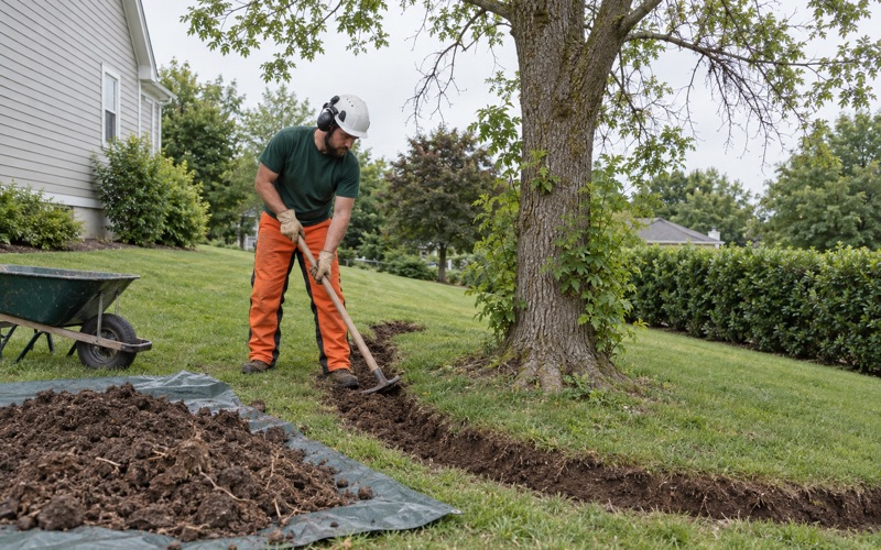 Worker opening a shallow trench with a mattock under the canopy edge of a declining green ash in Greenville.