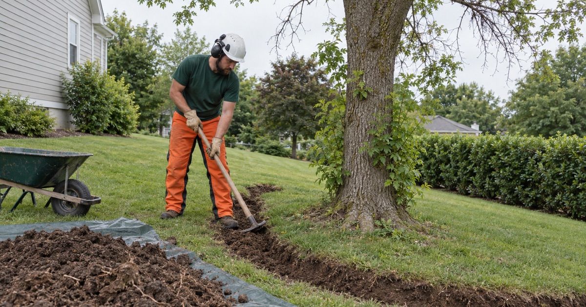 Worker opening a shallow trench with a mattock under the canopy edge of a declining green ash in Greenville.