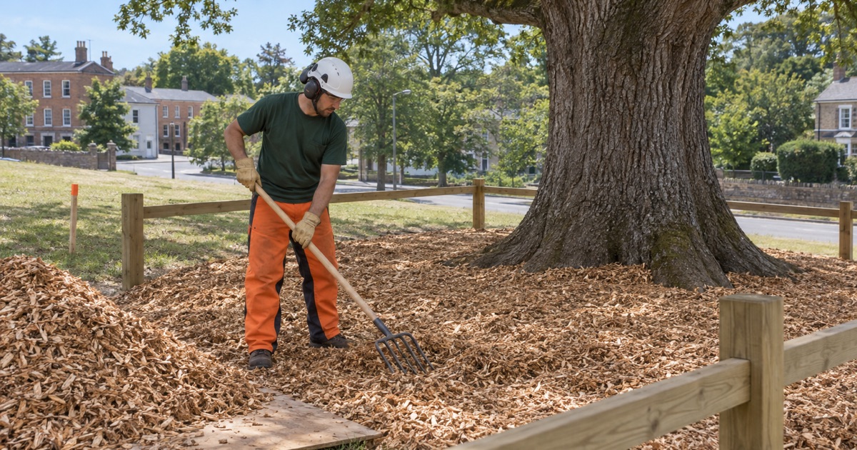 Worker spreading wood chips inside a timber protection barrier around a very large white oak on a Greenville site.