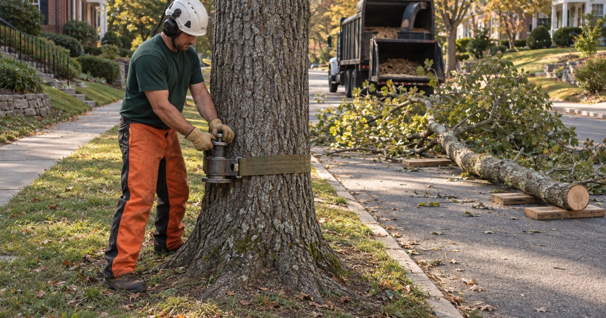 Worker releasing the bollard from a pignut hickory trunk on a Greenville verge, the lowered limb already down on boards.