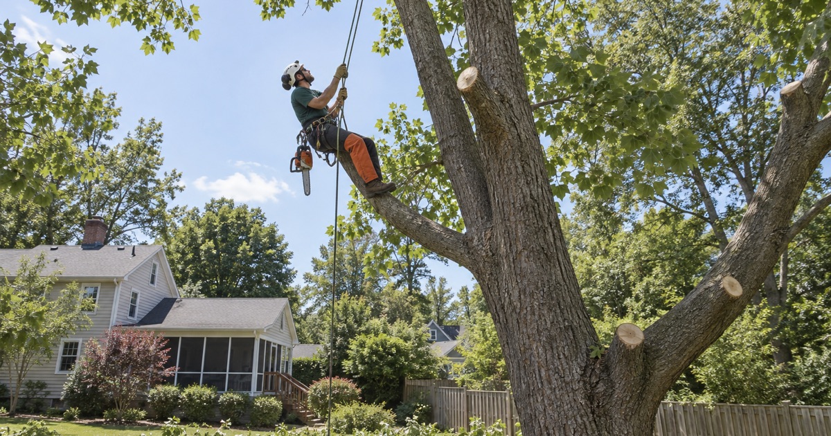Climber on his line in the crown of a Greenville tulip poplar, working out along a leader above finished collar cuts.